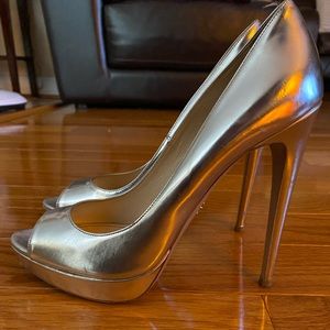Prada platform peep toe pump silver